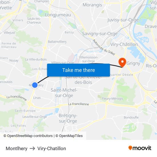 Montlhery to Viry-Chatillon map