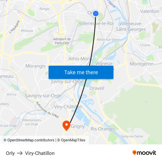 Orly to Viry-Chatillon map