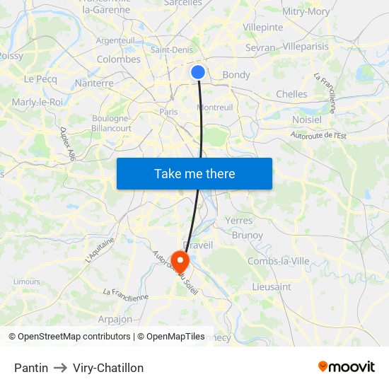 Pantin to Viry-Chatillon map