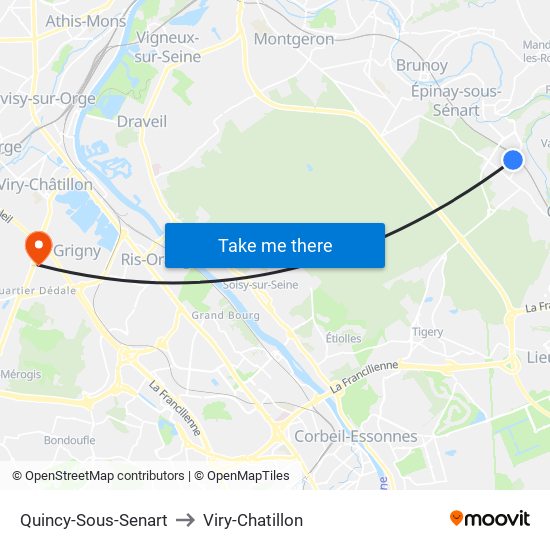 Quincy-Sous-Senart to Viry-Chatillon map