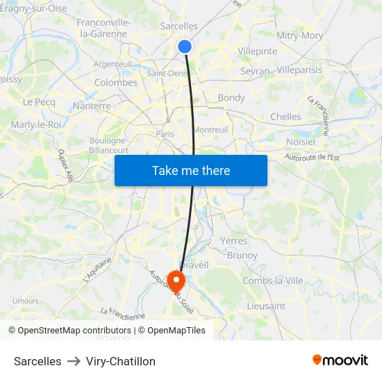 Sarcelles to Viry-Chatillon map