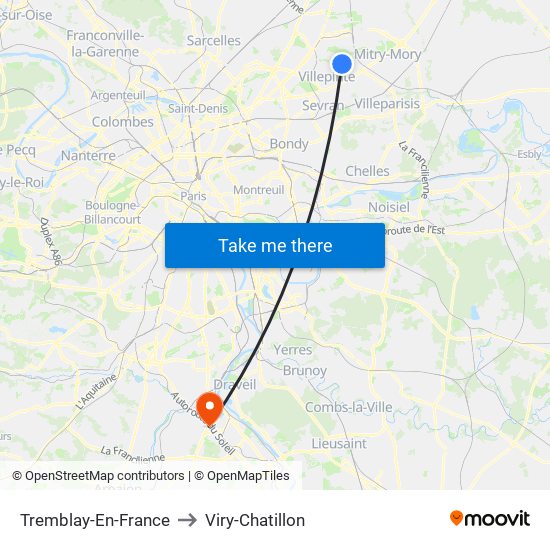 Tremblay-En-France to Viry-Chatillon map