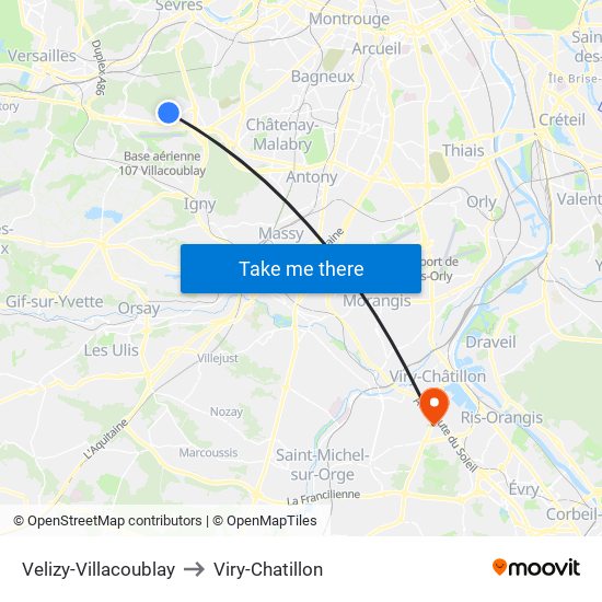 Velizy-Villacoublay to Viry-Chatillon map