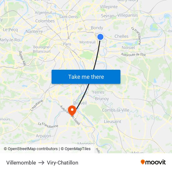 Villemomble to Viry-Chatillon map