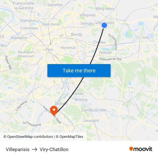 Villeparisis to Viry-Chatillon map