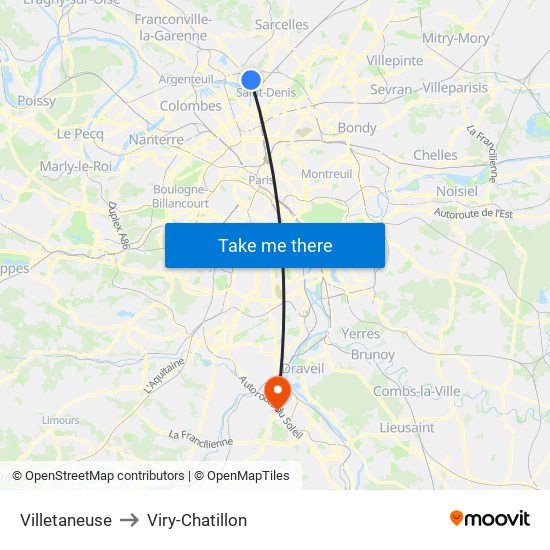 Villetaneuse to Viry-Chatillon map