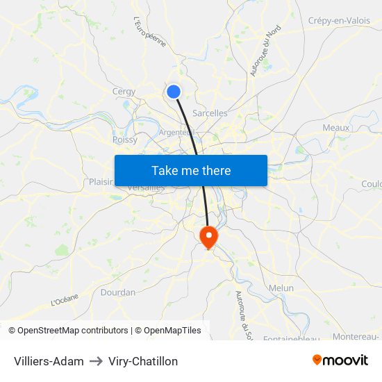Villiers-Adam to Viry-Chatillon map