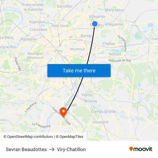 Sevran Beaudottes to Viry-Chatillon map