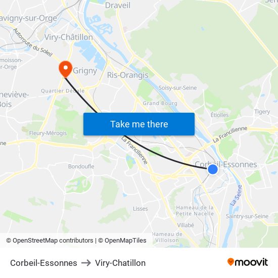 Corbeil-Essonnes to Viry-Chatillon map