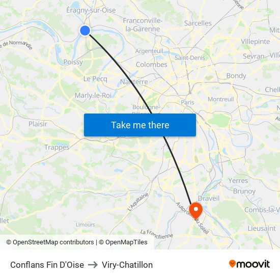 Conflans Fin D'Oise to Viry-Chatillon map