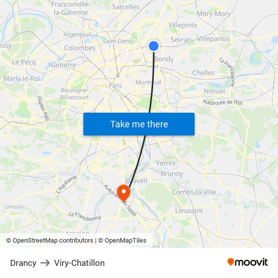 Drancy to Viry-Chatillon map