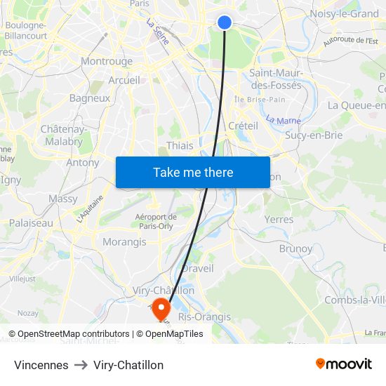 Vincennes to Viry-Chatillon map