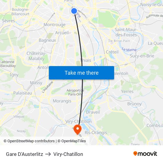 Gare D'Austerlitz to Viry-Chatillon map