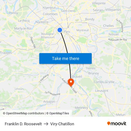 Franklin D. Roosevelt to Viry-Chatillon map