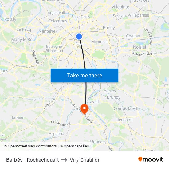 Barbès - Rochechouart to Viry-Chatillon map