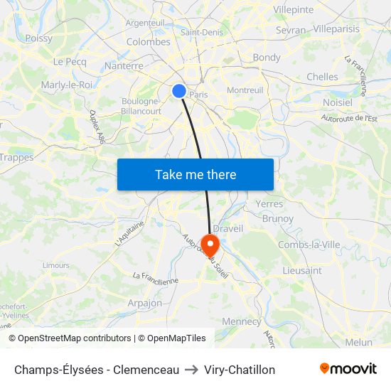 Champs-Élysées - Clemenceau to Viry-Chatillon map