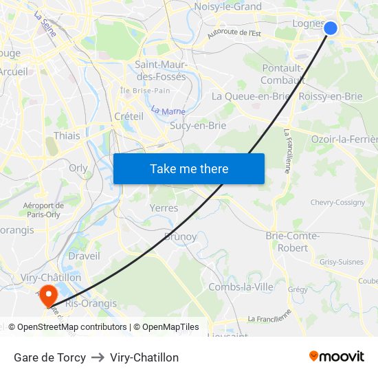 Gare de Torcy to Viry-Chatillon map
