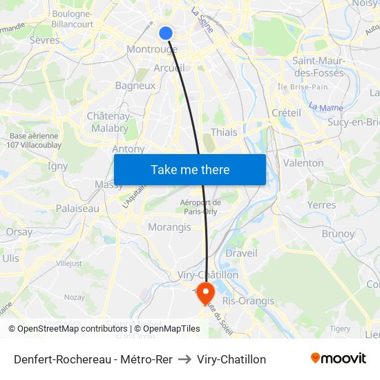 Denfert-Rochereau - Métro-Rer to Viry-Chatillon map