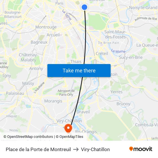 Place de la Porte de Montreuil to Viry-Chatillon map