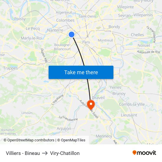 Villiers - Bineau to Viry-Chatillon map