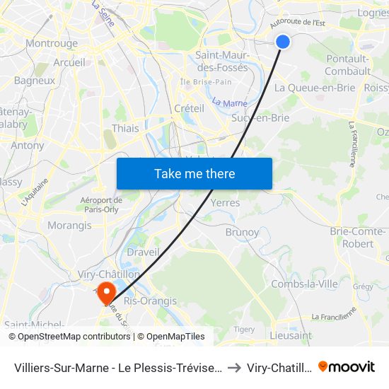 Villiers-Sur-Marne - Le Plessis-Trévise RER to Viry-Chatillon map