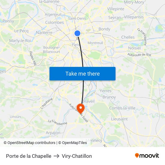 Porte de la Chapelle to Viry-Chatillon map