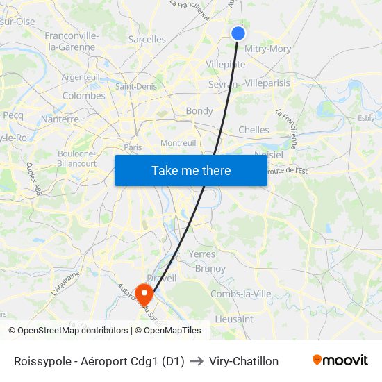 Roissypole - Aéroport Cdg1 (D1) to Viry-Chatillon map