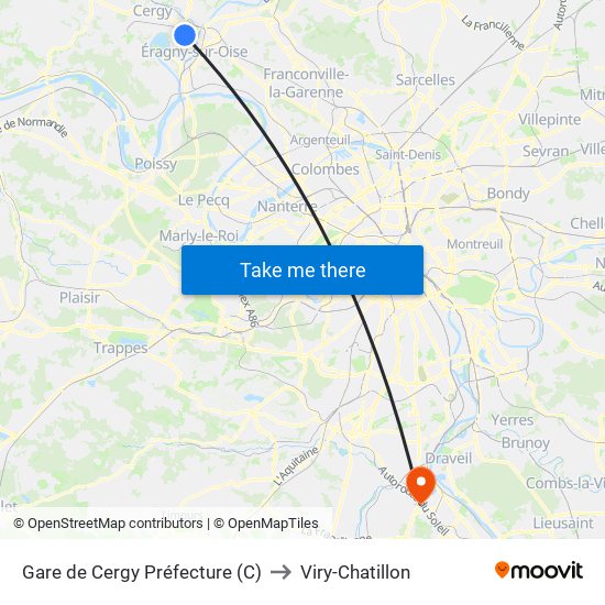 Gare de Cergy Préfecture (C) to Viry-Chatillon map