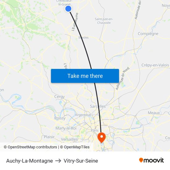 Auchy-La-Montagne to Vitry-Sur-Seine map