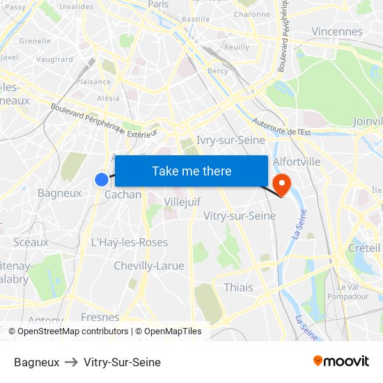 Bagneux to Vitry-Sur-Seine map