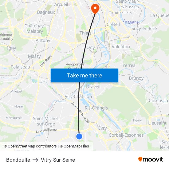 Bondoufle to Vitry-Sur-Seine map