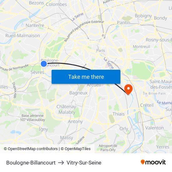 Boulogne-Billancourt to Vitry-Sur-Seine map