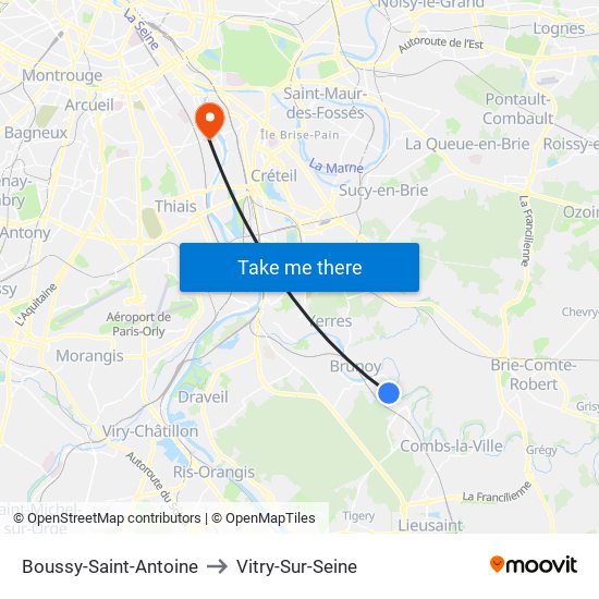 Boussy-Saint-Antoine to Vitry-Sur-Seine map