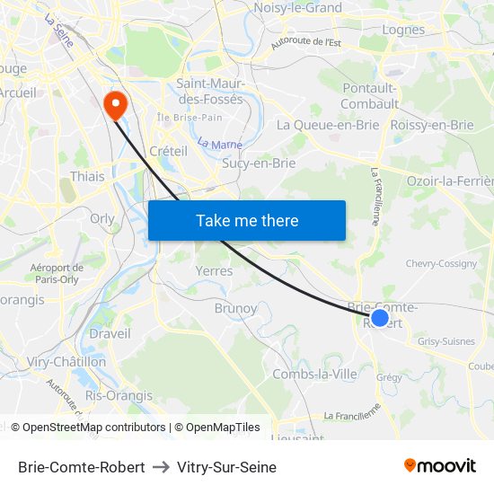 Brie-Comte-Robert to Vitry-Sur-Seine map