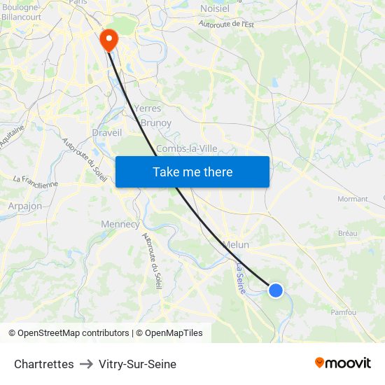 Chartrettes to Vitry-Sur-Seine map