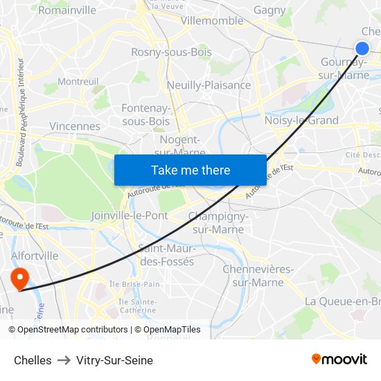 Chelles to Vitry-Sur-Seine map