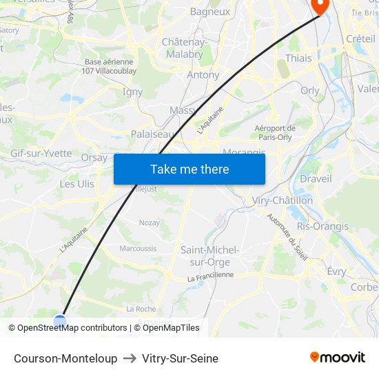Courson-Monteloup to Vitry-Sur-Seine map