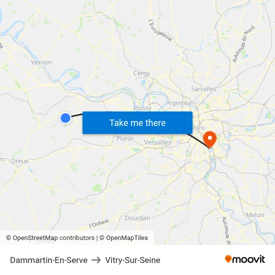 Dammartin-En-Serve to Vitry-Sur-Seine map