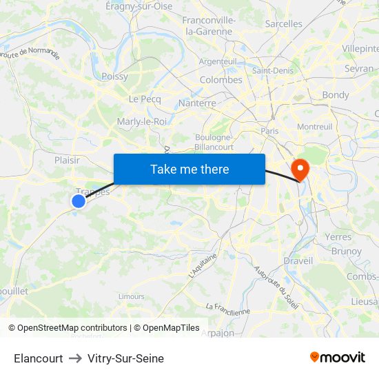 Elancourt to Vitry-Sur-Seine map