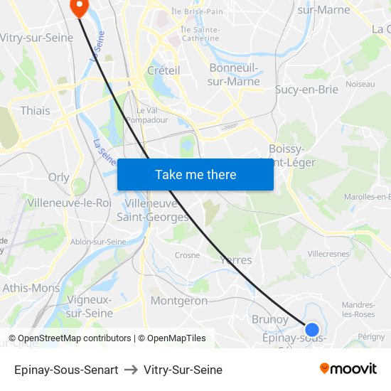 Epinay-Sous-Senart to Vitry-Sur-Seine map