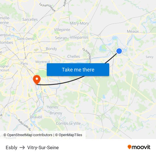 Esbly to Vitry-Sur-Seine map