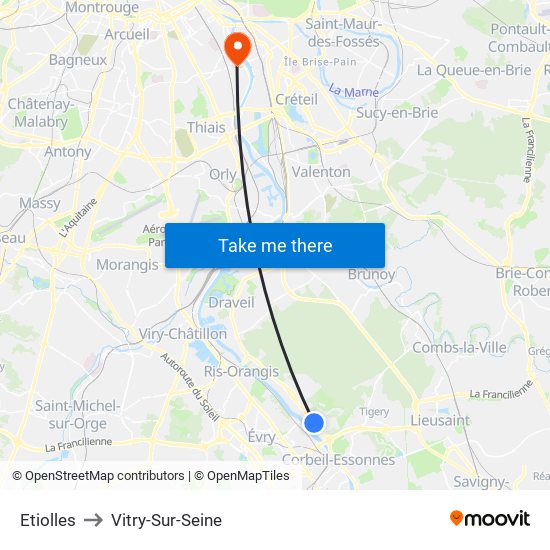 Etiolles to Vitry-Sur-Seine map