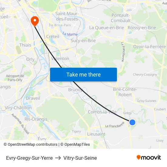 Evry-Gregy-Sur-Yerre to Vitry-Sur-Seine map