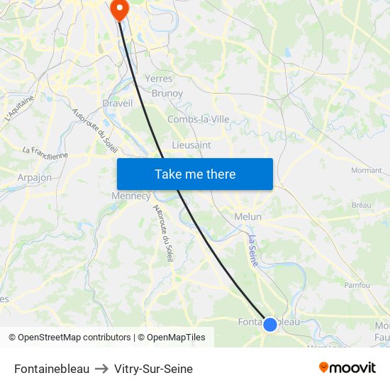 Fontainebleau to Vitry-Sur-Seine map