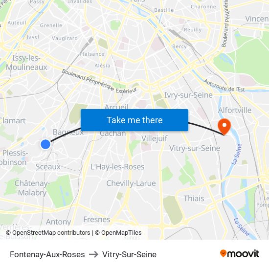 Fontenay-Aux-Roses to Vitry-Sur-Seine map
