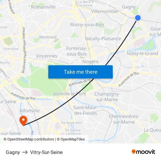 Gagny to Vitry-Sur-Seine map