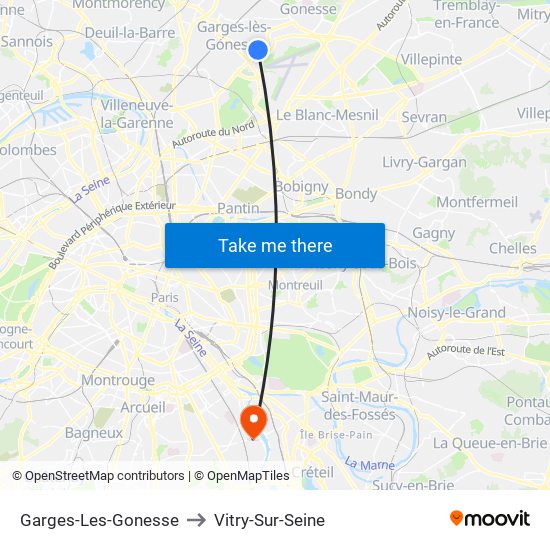 Garges-Les-Gonesse to Vitry-Sur-Seine map