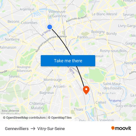 Gennevilliers to Vitry-Sur-Seine map