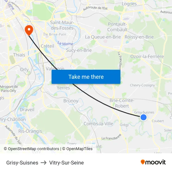 Grisy-Suisnes to Vitry-Sur-Seine map