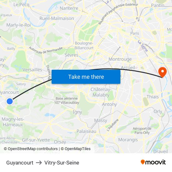 Guyancourt to Vitry-Sur-Seine map